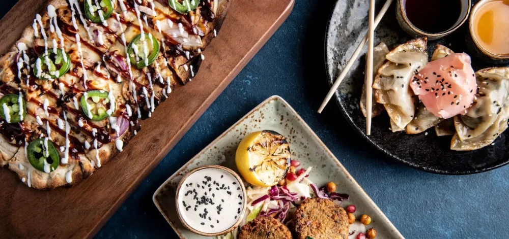 Flatbread, potstickers, and a third appetizer